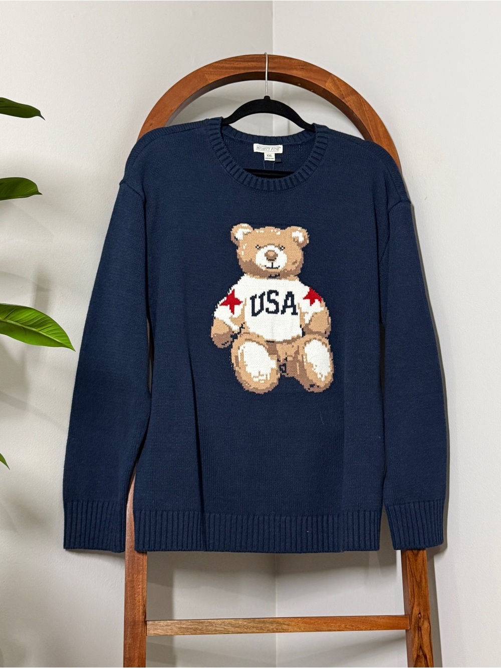 Mighty Fine XXL Navy Blue USA Teddy Bear Pullover Knit Sweater